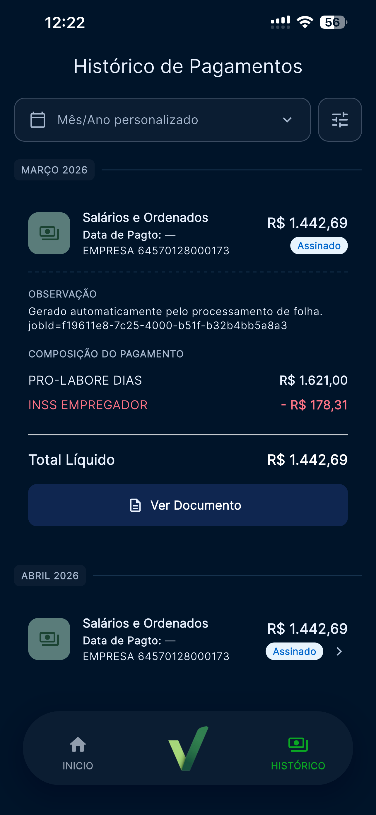 Tela do ComproVou com notificação de novo documento disponível